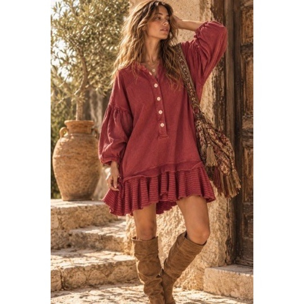 Free People Womens XS Wine Red Henley Tunic Ruffle Hem Boho OB2094285